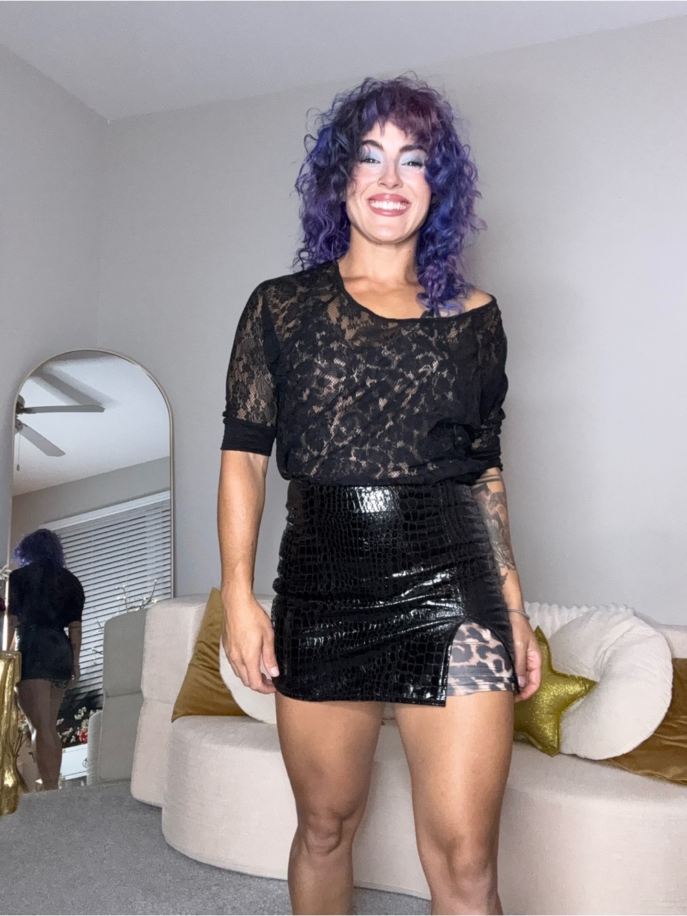 3pc outfit: leopard romper/ lace top/ black leather like mini skirt - Picture 9 of 16